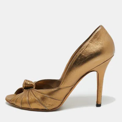Pre-owned Gucci Metallic Bronze Leather Knot Peep Toe Pumps Size 41 In Silver