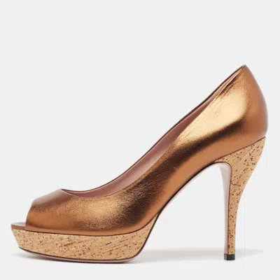 Pre-owned Gucci Metallic Bronze Leather Peep Toe Platform Pumps Size 38.5