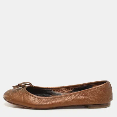 Pre-owned Gucci Metallic Brown Leather Bow Gg Interlocking Ballet Flats Size 38.5