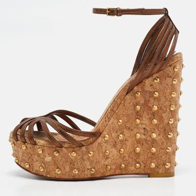 Pre-owned Gucci Metallic Brown Leather Studded Cork Platform Wedge Sandals Size 38.5