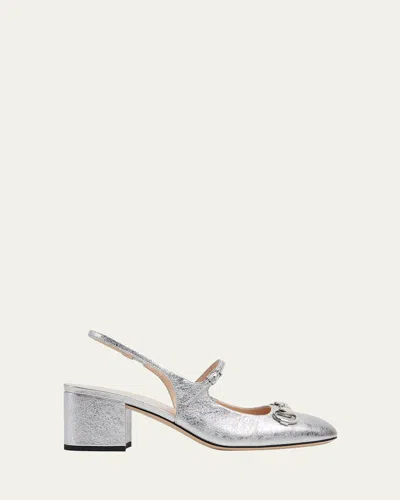 Gucci Metallic Galassia Leather Lady Horsebit Slingback Pumps In Silver