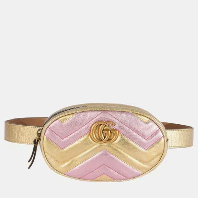 Pre-owned Gucci Metallic Gold & Pink Matelasse Marmont Belt Bag