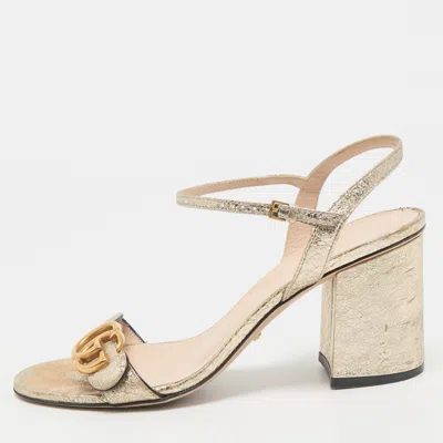 Pre-owned Gucci Metallic Gold Crinkled Leather Gg Marmont Ankle Strap Sandals Size 39