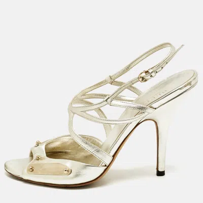 Pre-owned Gucci Metallic Gold Leather Embellished Ankle Strap Sandals Size 38