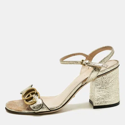 Pre-owned Gucci Metallic Gold Leather Gg Marmont Ankle Strap Block Heel Sandals Size 36