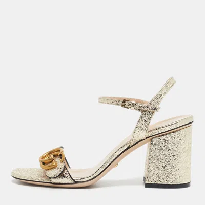 Pre-owned Gucci Metallic Gold Leather Gg Marmont Ankle Strap Block Heel Sandals Size 36