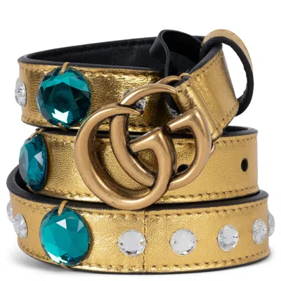 Pre-owned Gucci Metallic Gold Leather Gg Marmont Crystal 24mm Belt 85 34 In Brown
