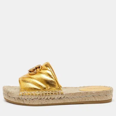 Pre-owned Gucci Metallic Gold Leather Gg Marmont Pilar Espadrille Flat Slide Sandals Size 35