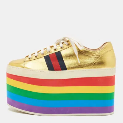 Pre-owned Gucci Metallic Gold Leather Peggy Platform Sneakers Size 37.5 In Silver
