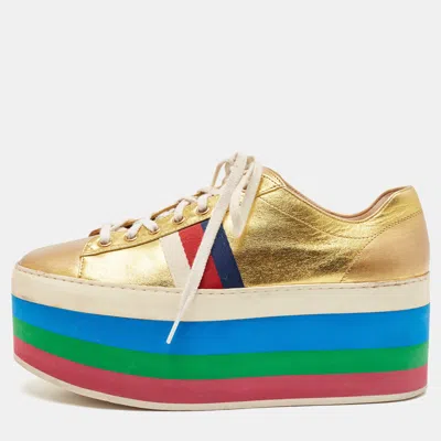 Pre-owned Gucci Metallic Gold Leather Peggy Sneakers Size 38