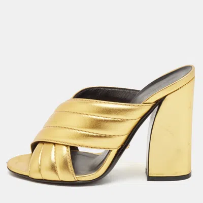 Pre-owned Gucci Metallic Gold Leather Webby Slide Sandals Size 36.5