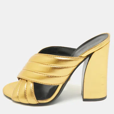 Pre-owned Gucci Metallic Gold Leather Webby Slide Sandals Size 39.5