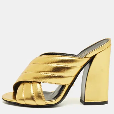 Pre-owned Gucci Metallic Gold Quilted Leather Webby Mules Sandals Size 35
