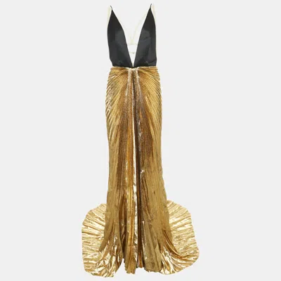 Pre-owned Gucci Metallic Gold Satin Silk And Lame Plisse Harness Detail Gown L