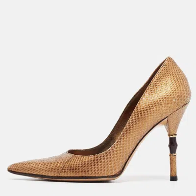 Pre-owned Gucci Metallic Gold Snakeskin Bamboo Heel Pumps Size 36