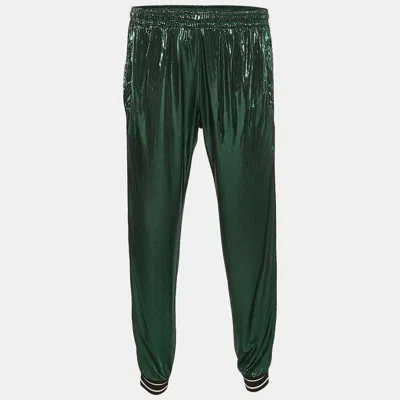Pre-owned Gucci Metallic Green Logo Striped Jersey Trackpants M