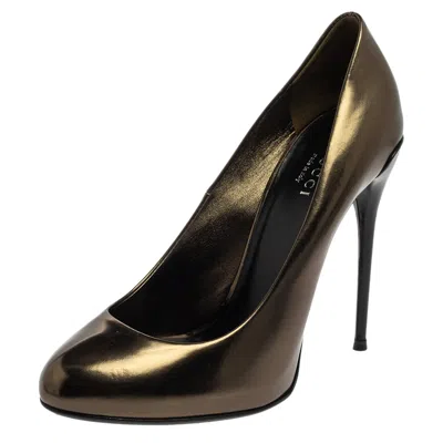 Pre-owned Gucci Metallic Green Patent Leather Round Toe Pumps Size 37