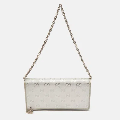 Pre-owned Gucci Metallic Grey Gg Imprime Canvas Wallet On Chain