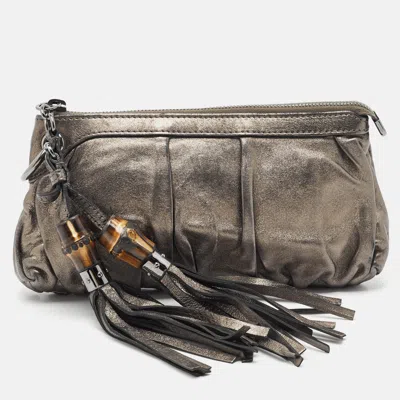 Pre-owned Gucci Metallic Leather Bamboo Tassel Pouch In Silver
