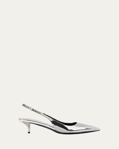 Gucci Metallic Leather Chain Slingback Pumps In Silver