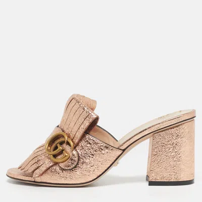 Pre-owned Gucci Metallic Leather Gg Marmont Fringe Details Open Toe Sandals Size 37 In Silver