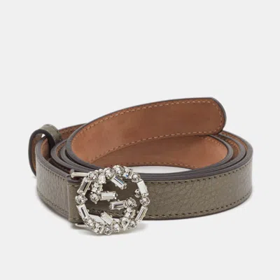 Pre-owned Gucci Metallic Leather Interlocking G Crystals Waist Belt 90cm In Silver