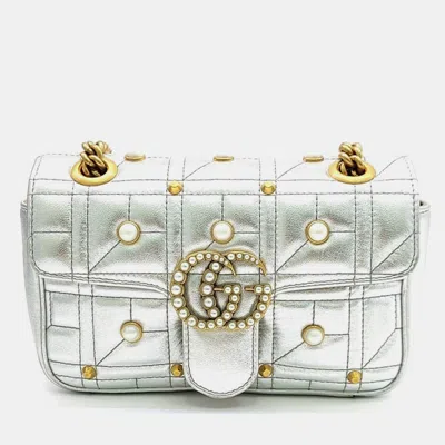 Pre-owned Gucci Metallic Leather Matrasse Mini Shoulder Bag In Silver