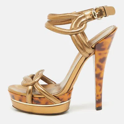 Pre-owned Gucci Metallic Leather Orchid Twist Sandals Size 36