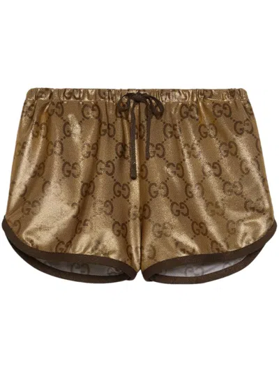 Gucci Metallic Monogram Drawstring Shorts In Brown