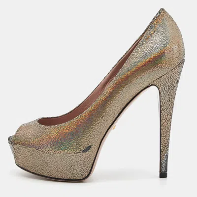 Pre-owned Gucci Metallic Nizza Laser Leather Peep Toe Platform Pumps Size 38