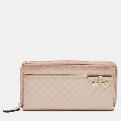 Pre-owned Gucci Metallic Old Rose Microssima Patent Leather Heart Charm Continental Wallet In Pink