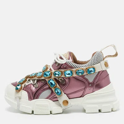 Pre-owned Gucci Metallic Pink Leather And Mesh Flashtrek Sneakers Size 35