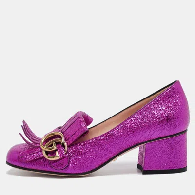 Pre-owned Gucci Metallic Pink Leather Gg Marmont Block Heel Pumps Size 35