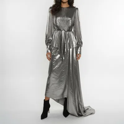 Pre-owned Gucci Metallic Silver Lame Long Sleeve Pleated Gown S