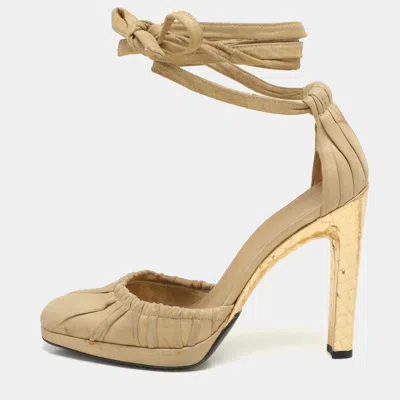 Pre-owned Gucci Metallic Suede Ankle Wrap Pumps Size 37.5 In Silver
