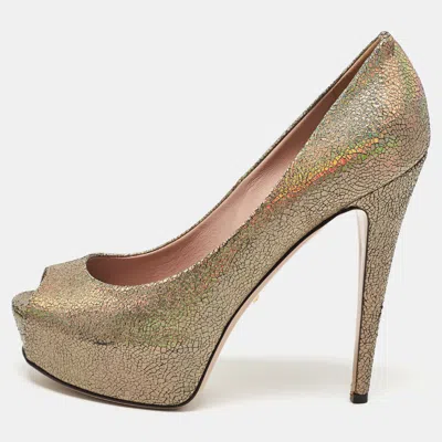 Pre-owned Gucci Metallic Textured Suede Open Toe Platform Pumps Size 40