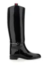 Gucci Canvas-trimmed Horsebit-embellished Patent-leather Knee Boots In Multicolor