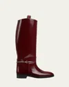 Gucci Webbing-trimmed Horsebit-embellished Patent-leather Knee Boots In Lacquered Cherry
