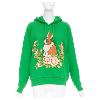 Pre-owned Gucci Michele Green Cotton Jersey Embroidered Bunny Flower Hoodie Xs