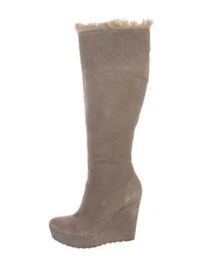 Pre-owned Gucci Micro Gg Monogram Suede Boots In Neutral