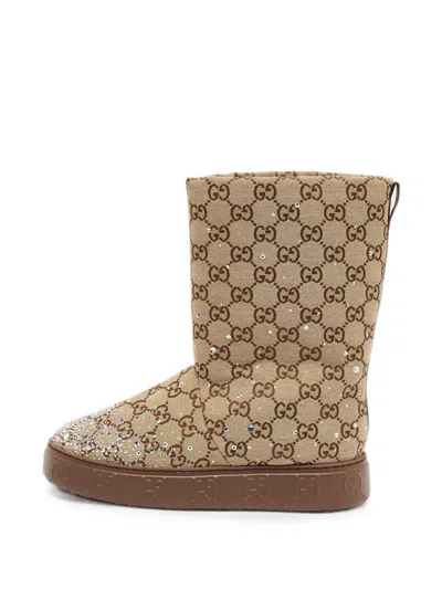 Pre-owned Gucci Microssima Crystal-embelishments Snow Boots In Neutrals