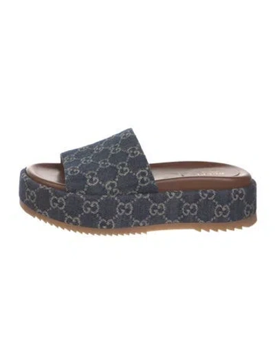 Pre-owned Gucci Microssima Pattern Denim Slides In Blue
