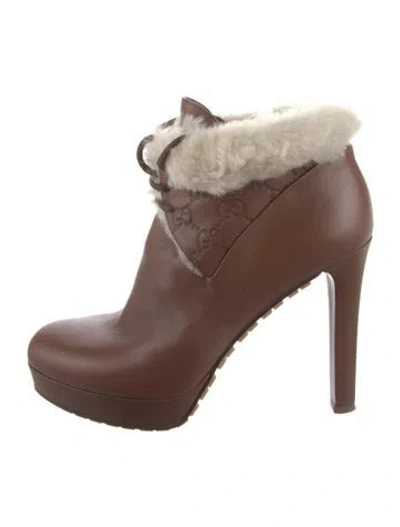 Pre-owned Gucci Microssima Pattern Fur Trim Boots In Brown