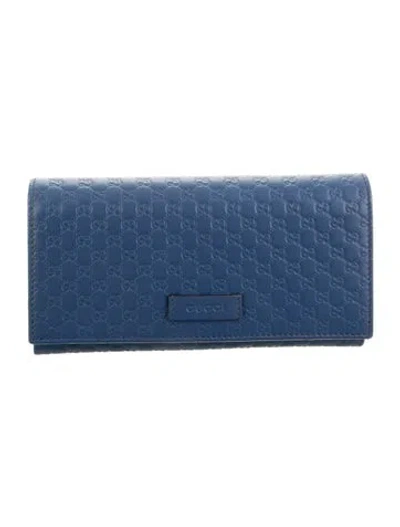 Pre-owned Gucci Microssima Pattern Leather Bifold Wallet In Blue