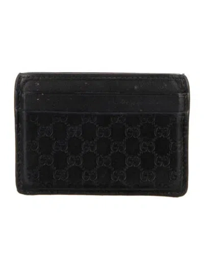 Pre-owned Gucci Microssima Pattern Leather Card Holder In Black