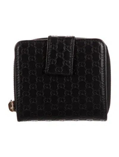 Pre-owned Gucci Microssima Pattern Leather Compact Wallet In Black
