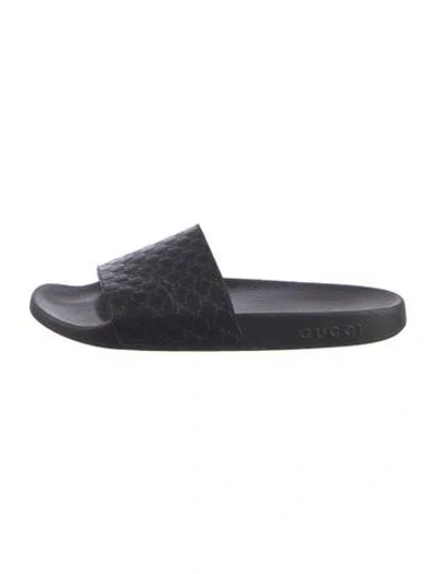 Pre-owned Gucci Microssima Pattern Leather Slides In Black