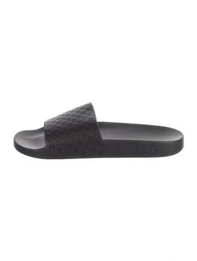 Pre-owned Gucci Microssima Pattern Leather Slides In Black