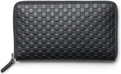 Pre-owned Gucci Microssima Signature Leather Long Zip Around Wallet, Black