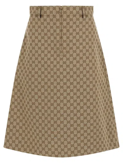Gucci Midi Skirt With "gg" Print In Brown